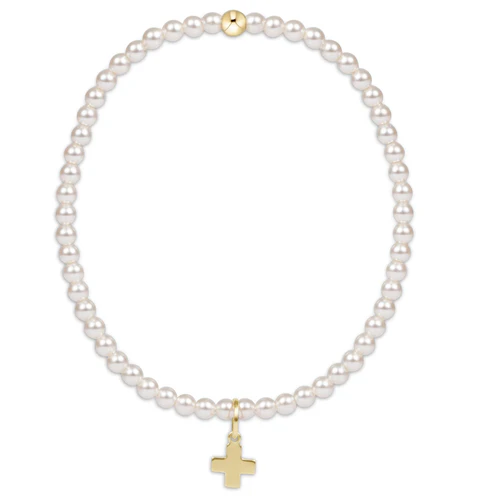 Classic Pearl 3mm Bead Bracelet - Signature Cross Gold Charm - Southern Belle Boutique
