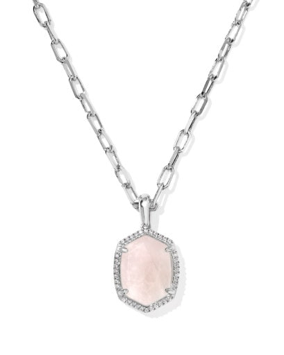 Daphne Pave Frame Short Pendant Necklace Silver Rose Quartz