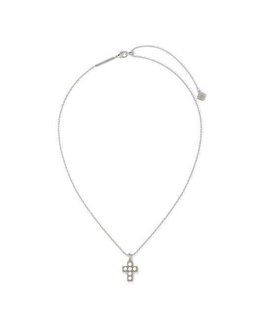 Pearl Cross Short Pendant Necklace Silver White Pearl