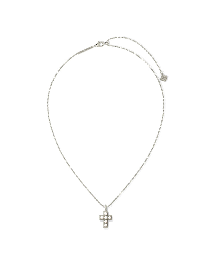 Pearl Cross Short Pendant Necklace Silver White Pearl