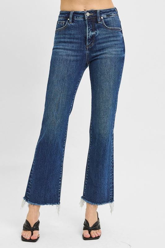 Tummy Control High Rise Crop Straight Raw Cut Hem - Dark
