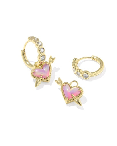 Ari Heart Arrow Huggie Earrings - Gold Pink Opalescent Resin