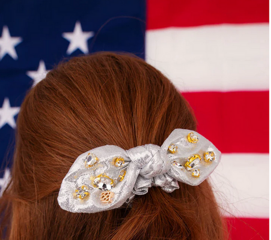 Shimmer Bow Scrunchie with Hand Sewn Crystals in Silver - Southern Belle Boutique