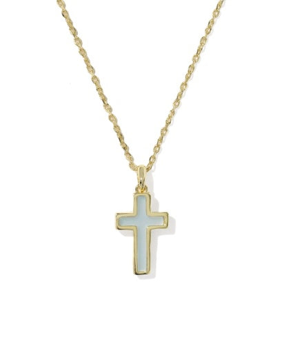 Cross Pendant Necklace - Gold Matte Light Blue Dichroic Glass - Southern Belle Boutique