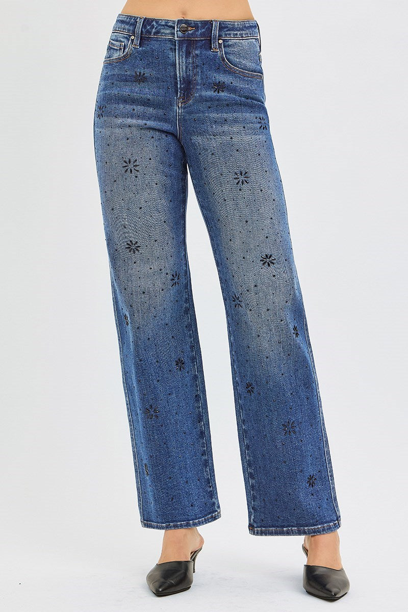 Rhinestone Detailed High Rise Jeans