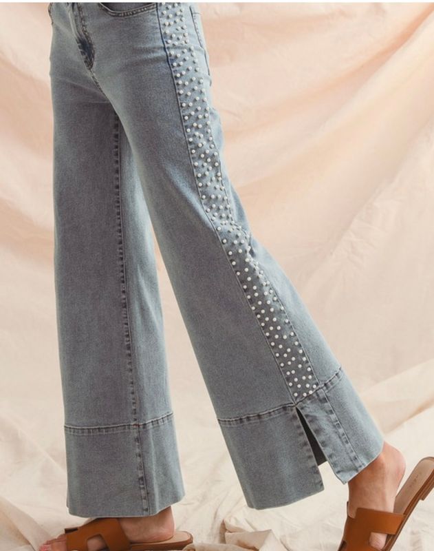 Mid Rise Flare Jean w/Split Cuff - Pearl Embellishment