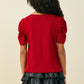 Girls Ribbed Pleated Shoulder Puff Sleeve Top - Red