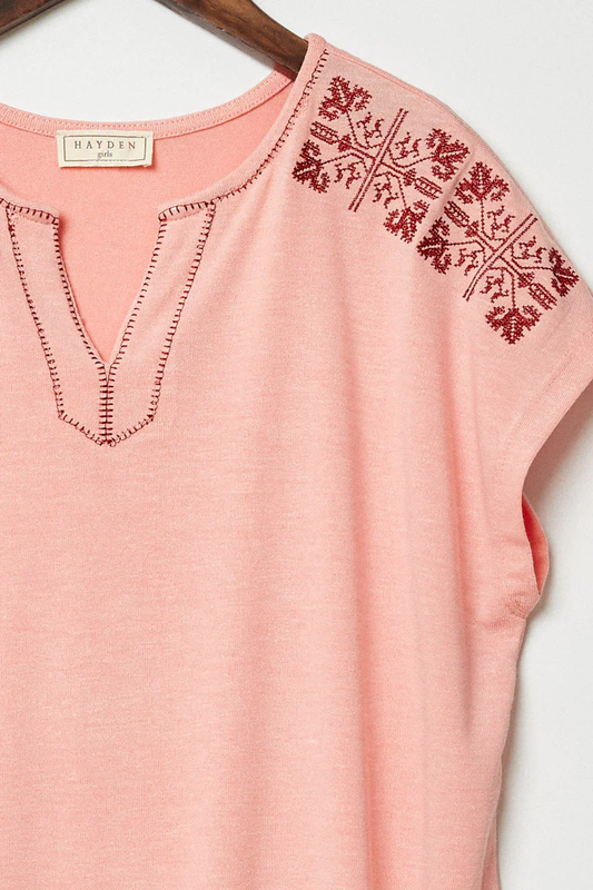 Coral Embroidered V-Neck Tee - Southern Belle Boutique