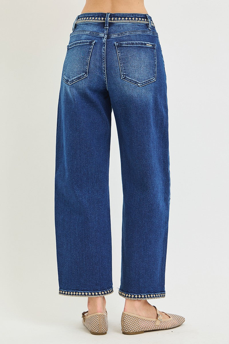 Risen Slouchy Cropped Barrel Jeans with Embroidered Hem