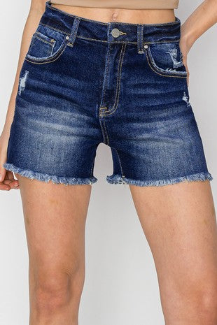 High Rise Fray Hem Shorts - Dark Wash - Southern Belle Boutique