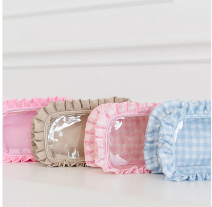 Ruffled Nylon Large Clear Pouch - Pink Floral - Southern Belle Boutique
