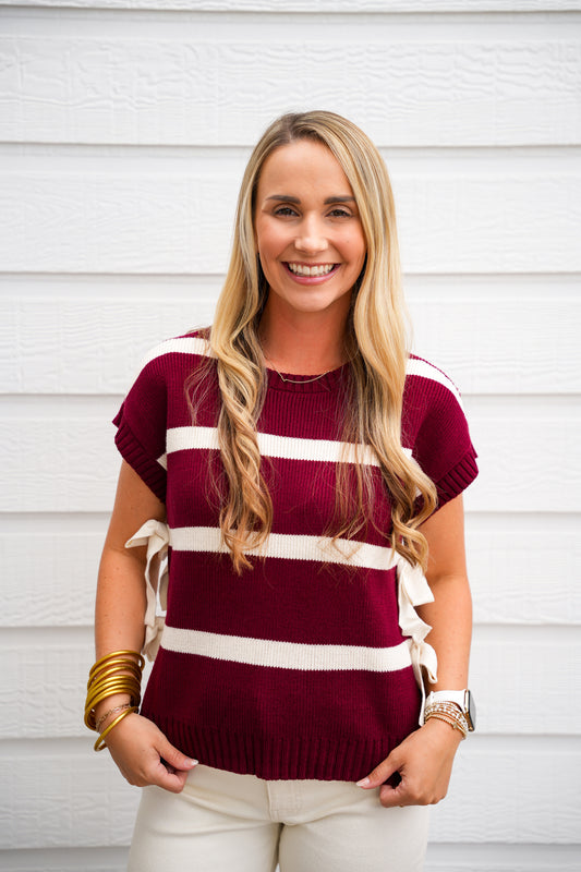 Burgundy Striped Bow Sweater