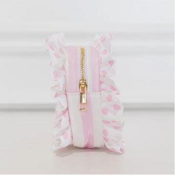 Ruffled Nylon Medium Pouch - Pink Polka Stripe - Southern Belle Boutique