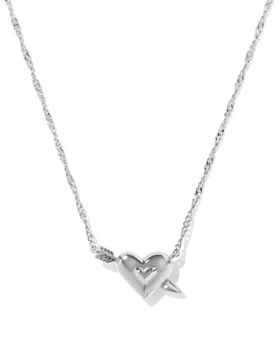 Ari Heart Arrow Short Pendant Necklace - Silver Pink Opalescent Resin