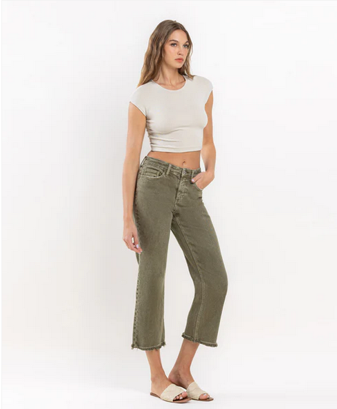 High Rise Raw Crop Straight Jeans - Deep Lichen Green