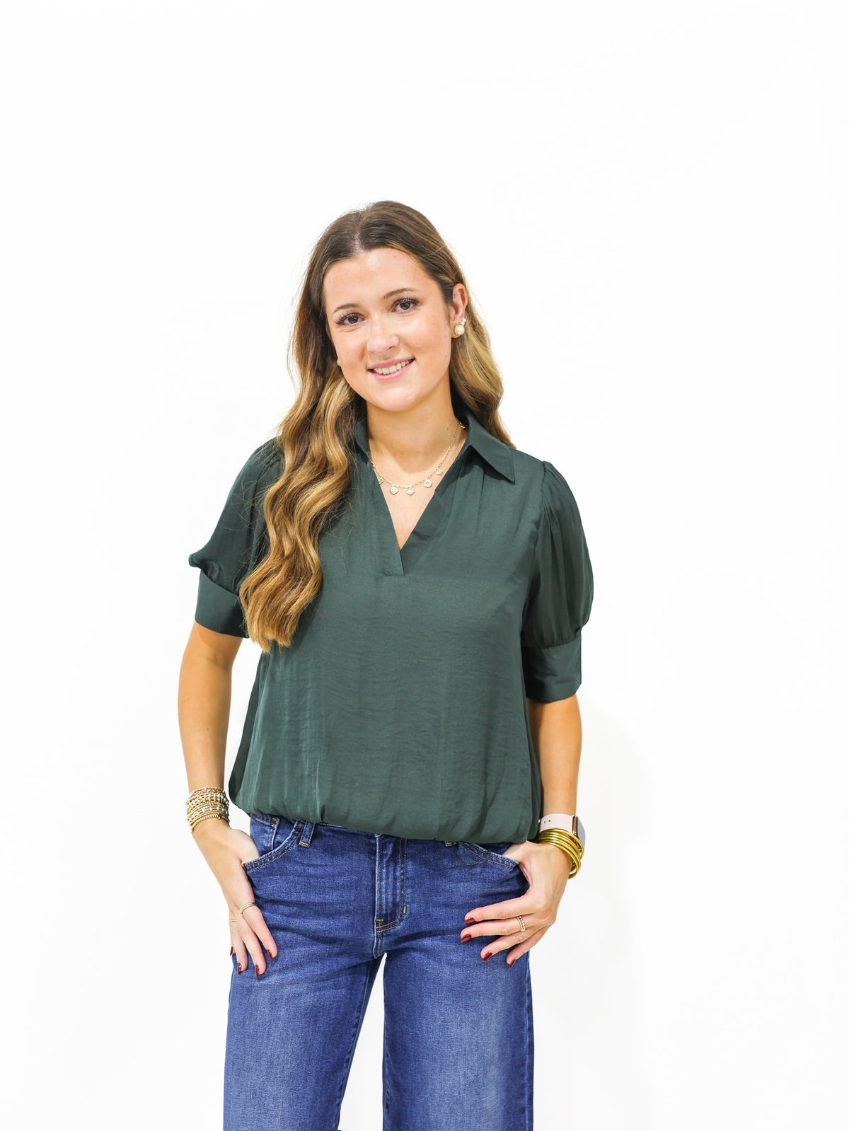 Forest Green Hi Lo Bubble Hem Blouse - Southern Belle Boutique