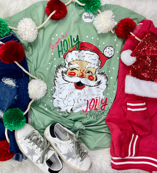 Holly Jolly Christmas Santa Tee - Green - Southern Belle Boutique