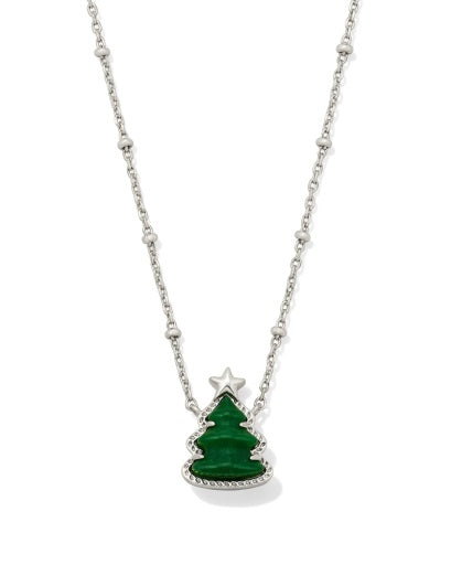 Holiday Tree Short Pendant Necklace - Silver Green Quartzite