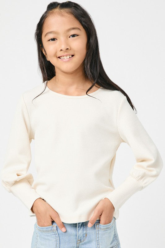Ivory Textured Rib Exaggerated Cuff Knit Top