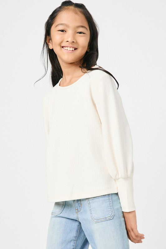Ivory Textured Rib Exaggerated Cuff Knit Top
