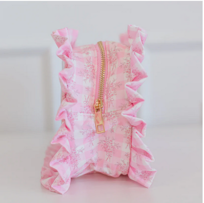 Ruffled Nylon Large Clear Pouch - Pink Floral - Southern Belle Boutique