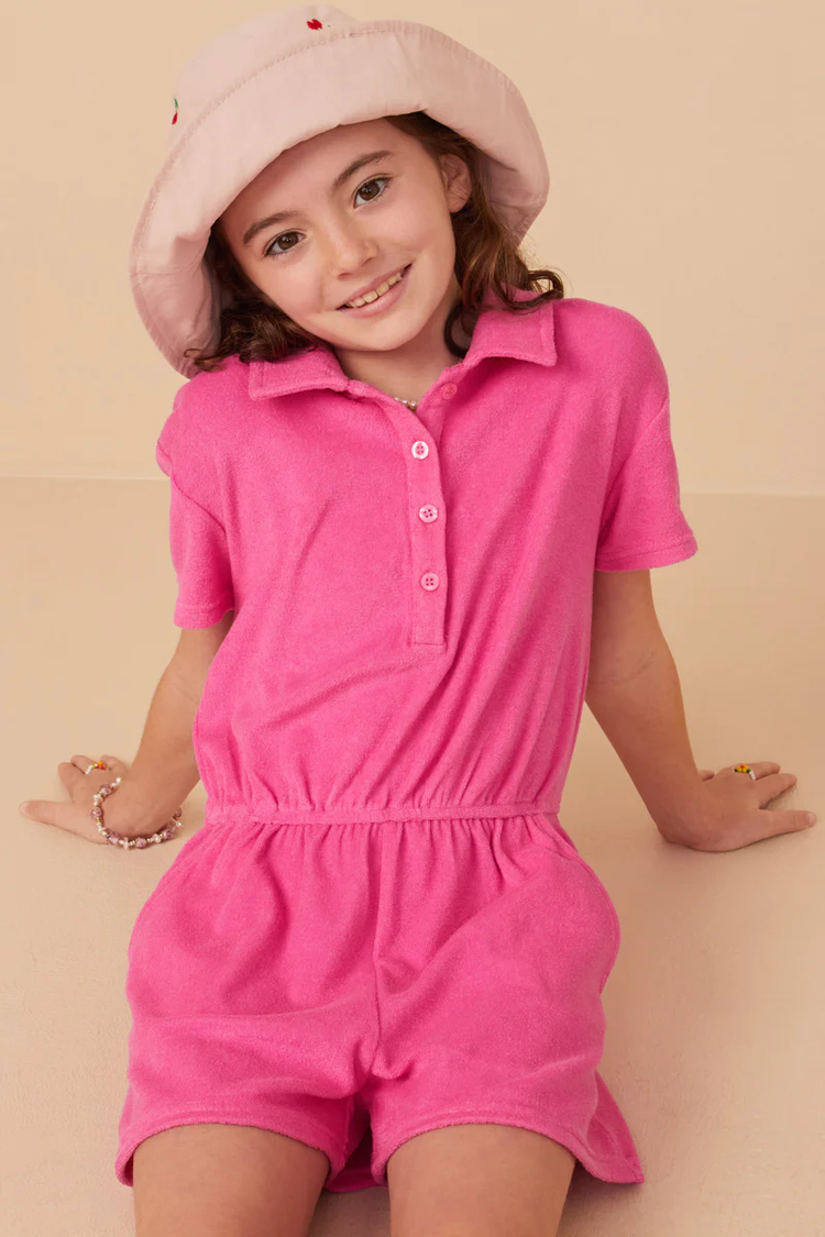 Pink Button Detail Collared Terry Romper - Southern Belle Boutique