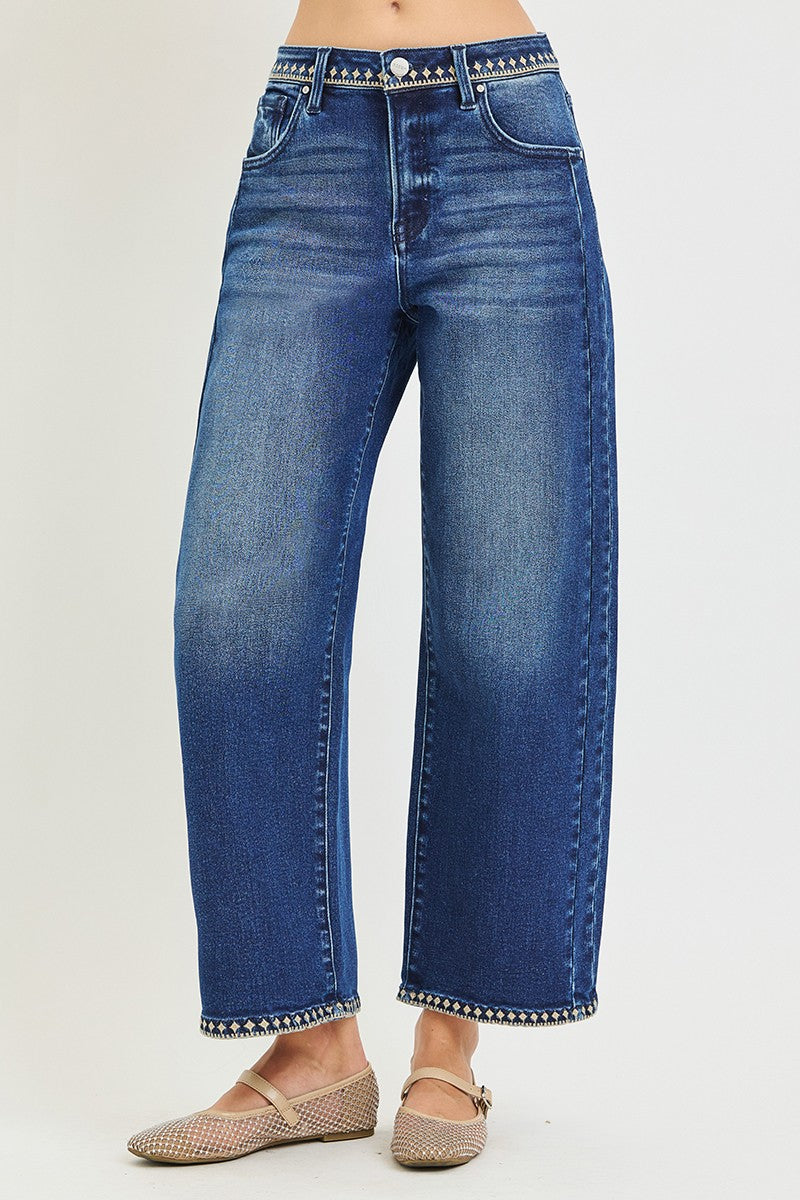 Risen Slouchy Cropped Barrel Jeans with Embroidered Hem