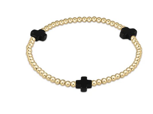 Signature Cross Gold Pattern 3MM Bead Bracelet - Onyx - Southern Belle Boutique