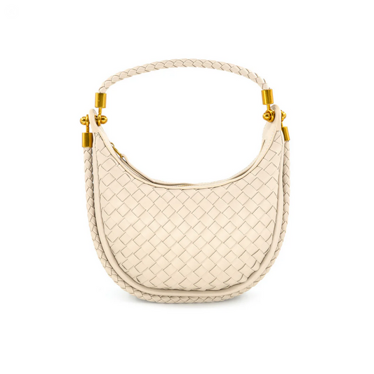 Beige Woven Vegan Leather Hobo Bag - Small