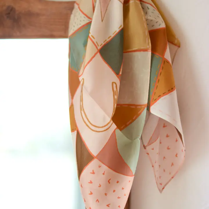 Horseshoe Vintage Ranching Patchwork Quilt Western Silk Wild Rag Scarf - Southern Belle Boutique