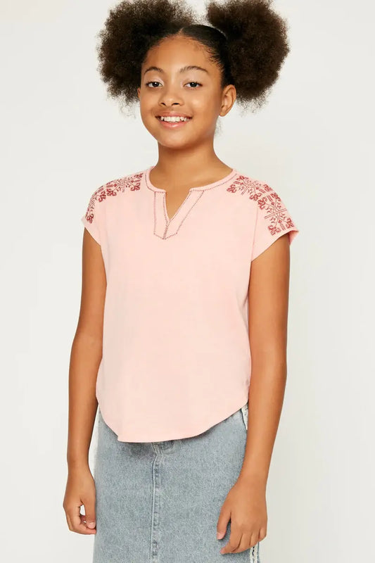 Coral Embroidered V-Neck Tee
