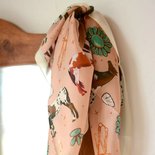 Western Silk Wild Rag Horses and Turquoise Peach Scarf - Southern Belle Boutique