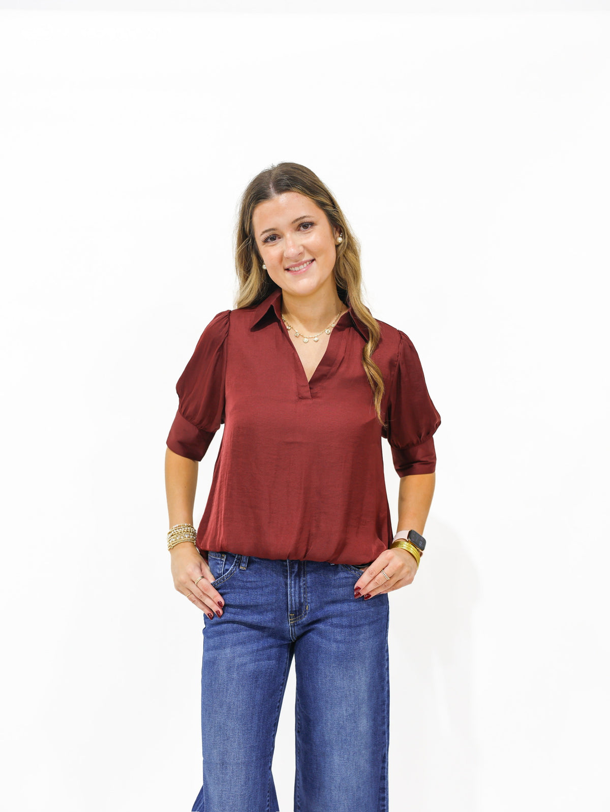 Wine Hi Lo Bubble Hem Blouse - Southern Belle Boutique