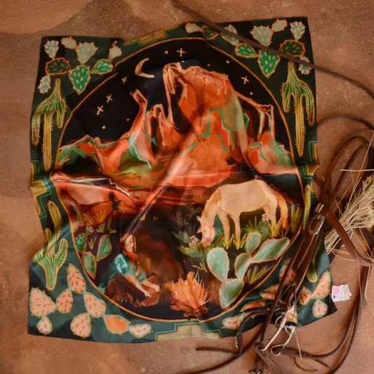 Desert Nights: 35x35 Western Mulberry Silk Wild Rag Cowgirl Horse and Cactus - Southern Belle Boutique