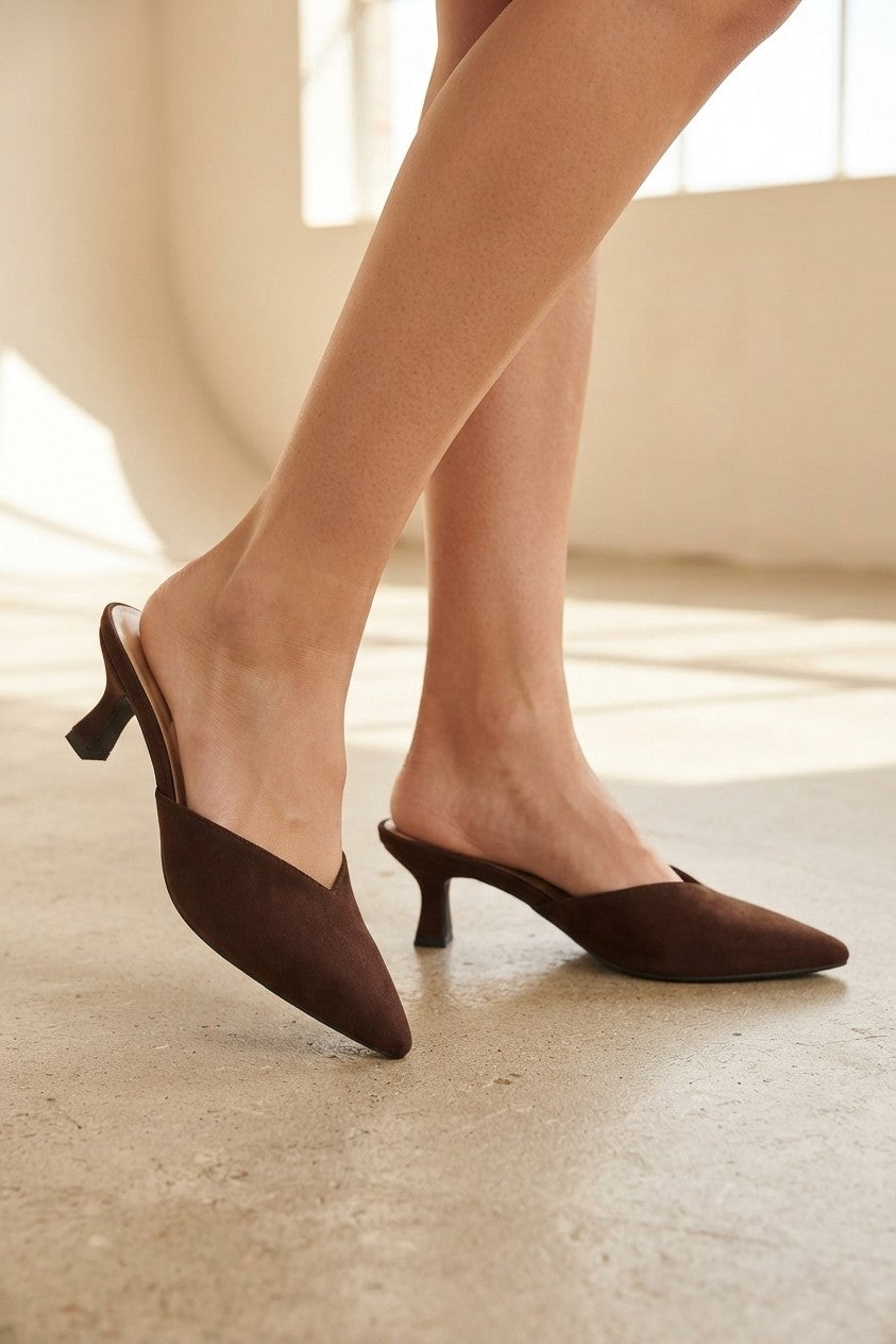 Morley 26 Suede Mule Kitten Heel - Brown
