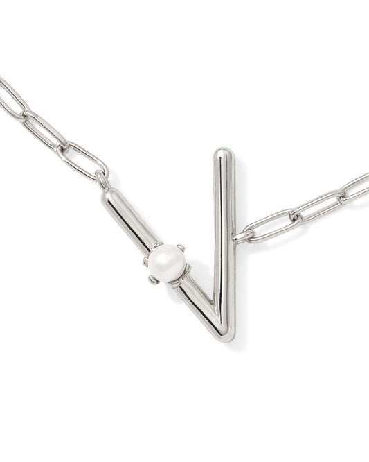Pearl Initial V Short Pendant Necklace - Silver - Southern Belle Boutique