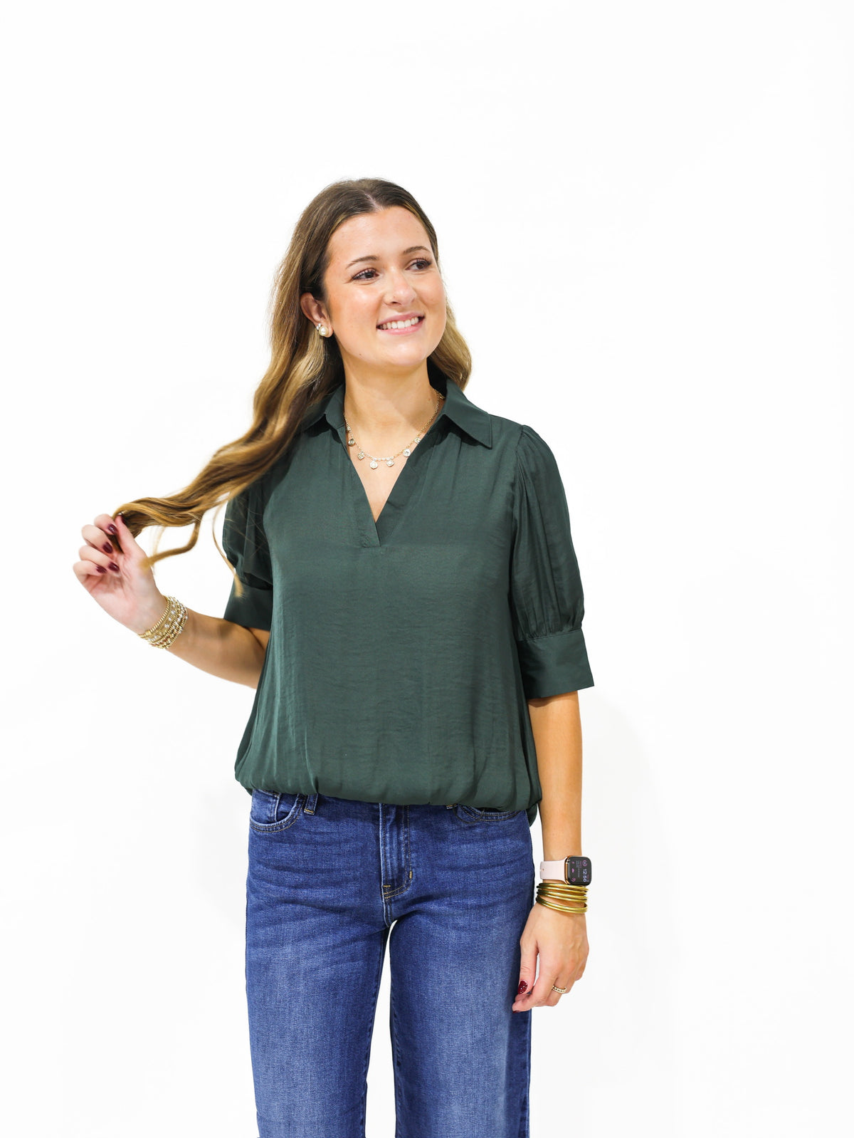 Forest Green Hi Lo Bubble Hem Blouse - Southern Belle Boutique