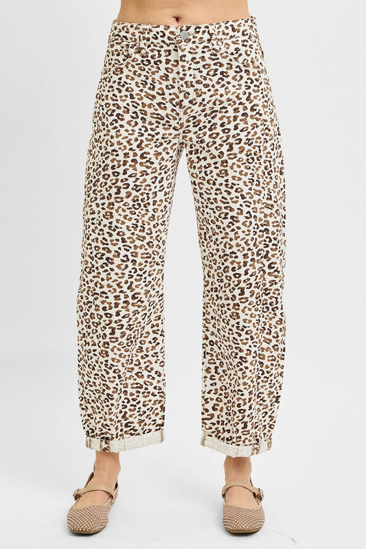 High Rise Crop Barrel Leopard Cuffed Jeans - Cream - Southern Belle Boutique