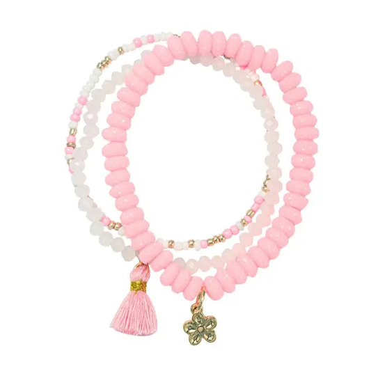 Kids Set of 3 Pink Beaded Stretch Bracelet with Flower Charm