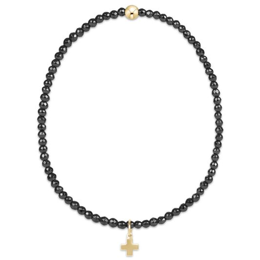 Faceted Hematite 2MM Bead Bracelet - Signature Cross Gold Charm
