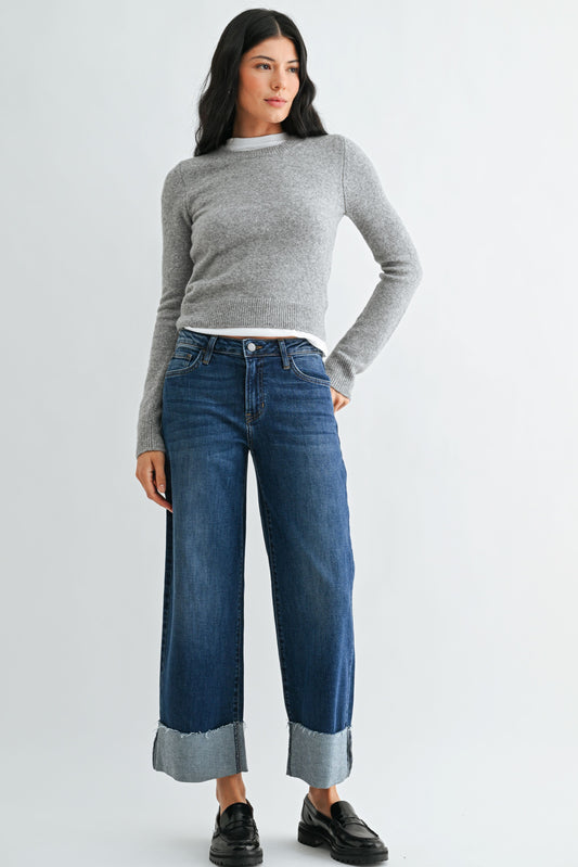 Scissor Cut Cuffed Slim Wide Jeans - Southern Belle Boutique