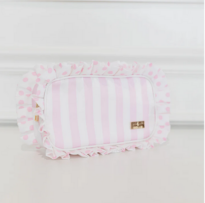 Ruffled Nylon Medium Pouch - Pink Polka Stripe - Southern Belle Boutique