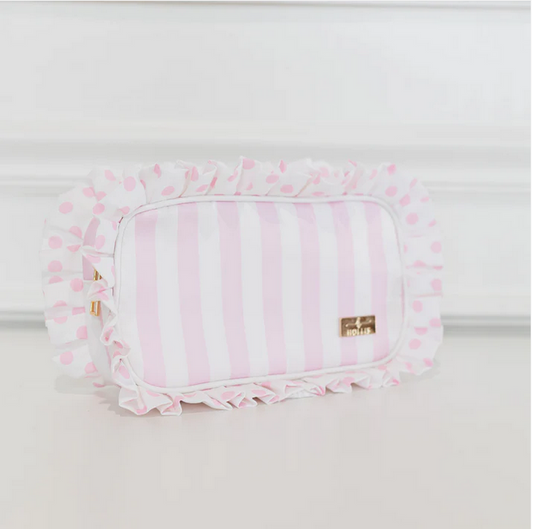 Ruffled Nylon Medium Pouch - Pink Polka Stripe - Southern Belle Boutique