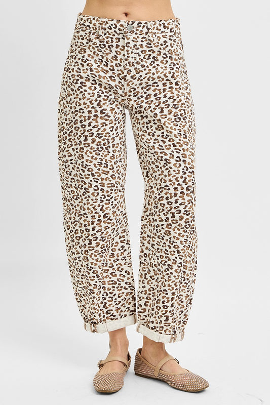 High Rise Crop Barrel Leopard Cuffed Jeans - Cream - Southern Belle Boutique