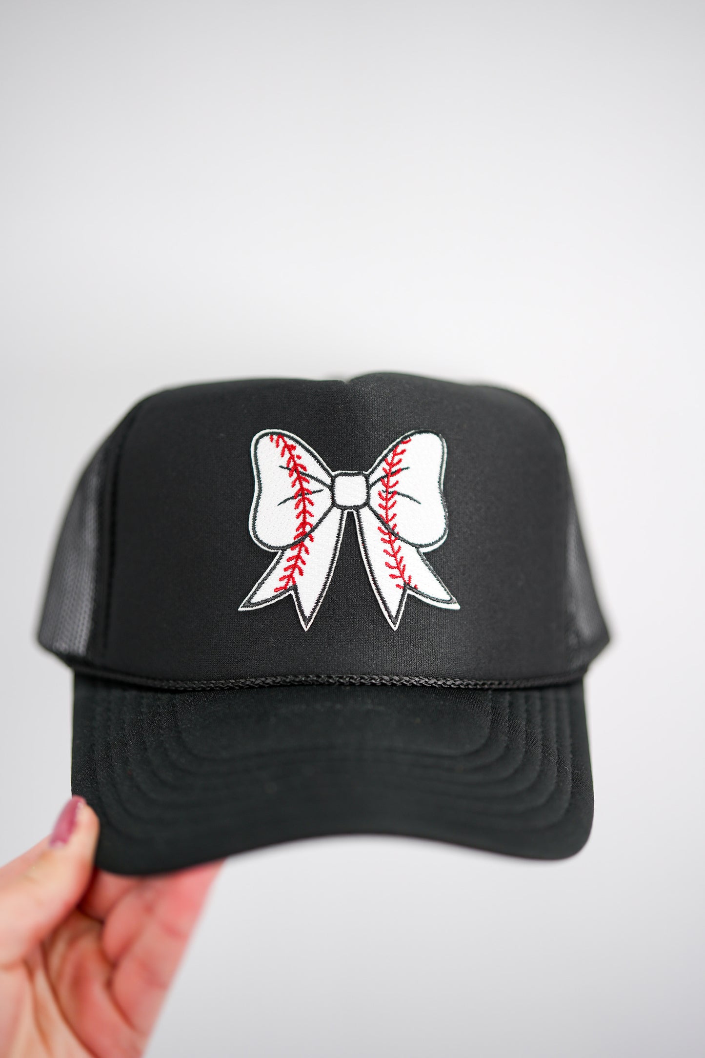 Baseball Bow Coquette Patch Foam Trucker Hat - Black - Southern Belle Boutique