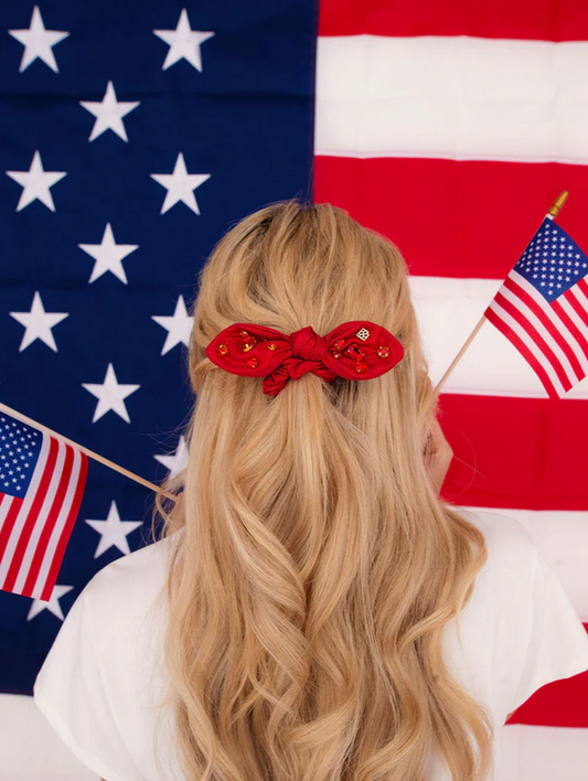 Shimmer Bow Scrunchie with Hand Sewn Crystals in Red - Southern Belle Boutique
