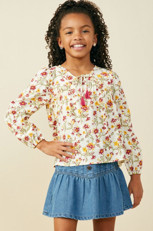 Cream Floral Tasseled Top