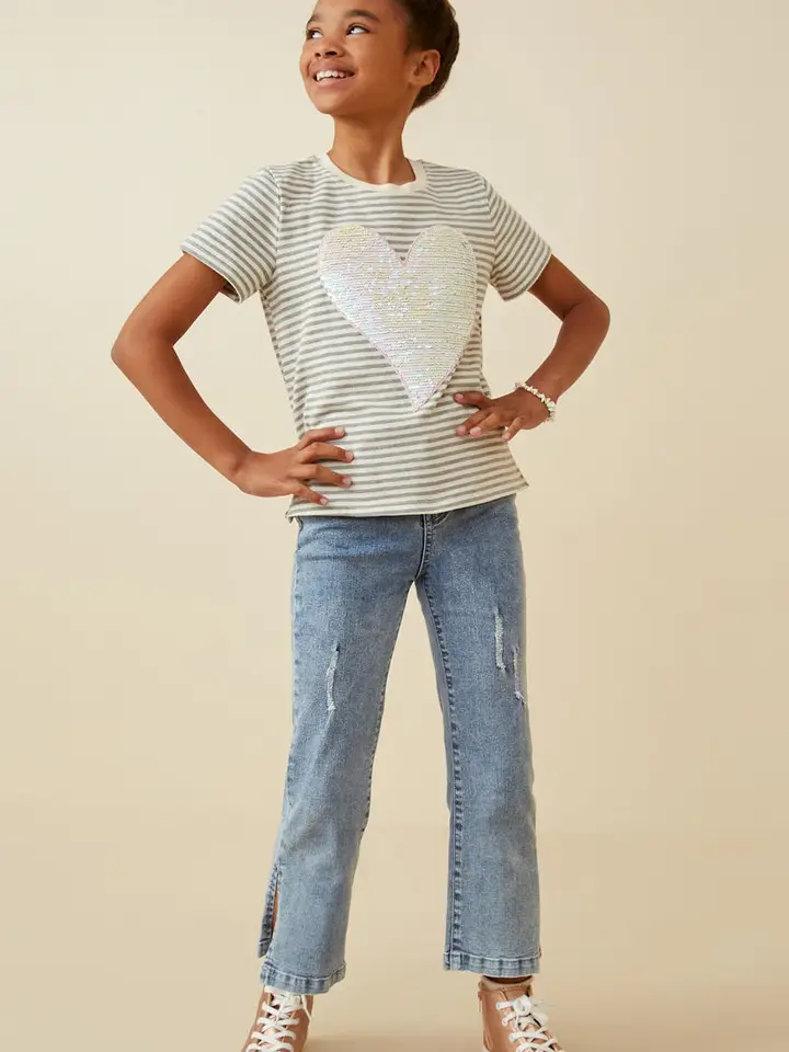 Girls Sequin Heart Patch Striped Knit Top - Southern Belle Boutique