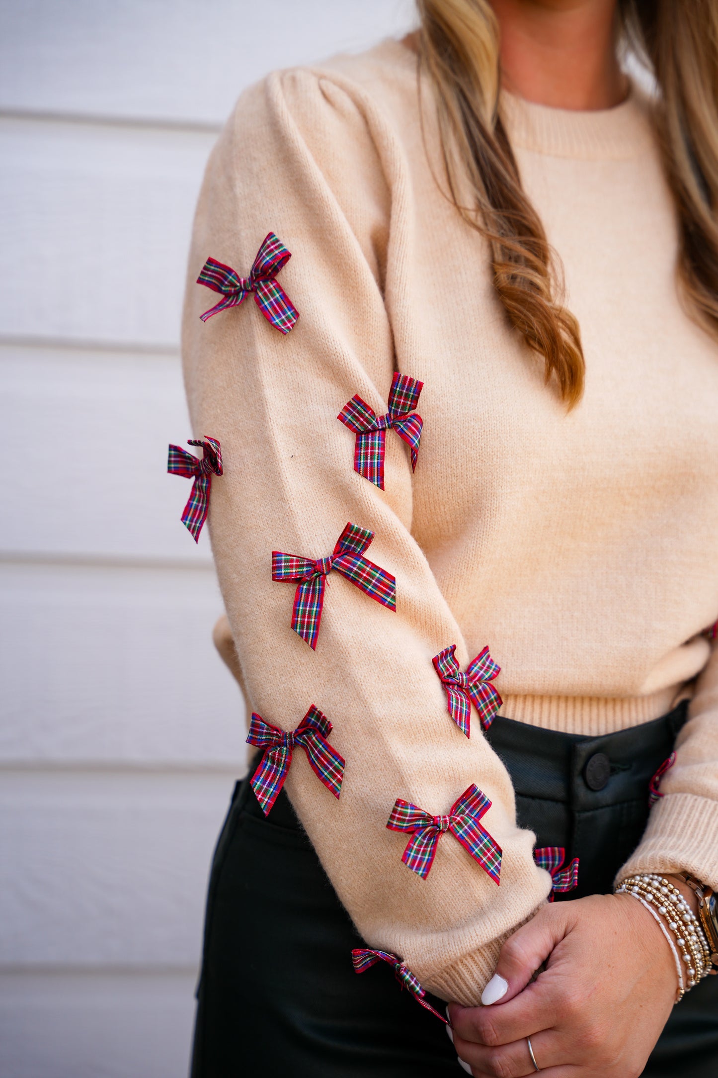 Holiday Christmas Plaid Bow Sweater