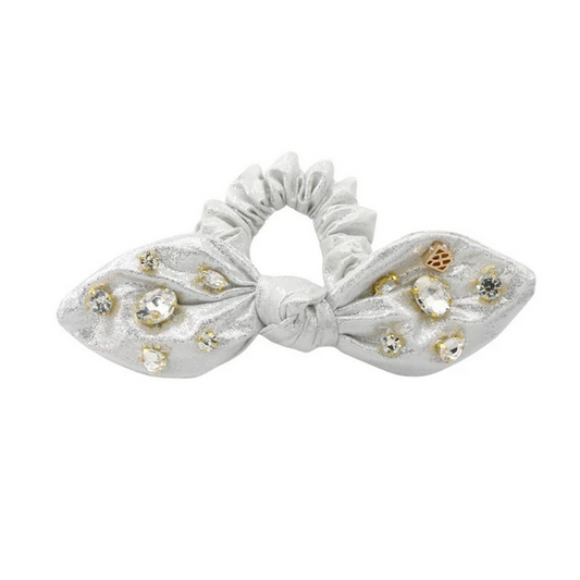 Shimmer Bow Scrunchie with Hand Sewn Crystals in Silver - Southern Belle Boutique